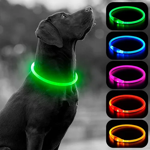 Vista 18 de HIGO Collar de perro con luz LED, recargable por USB, que brilla en la oscuridad, collar de seguridad para mascotas cortable de TPU para pasear Azul