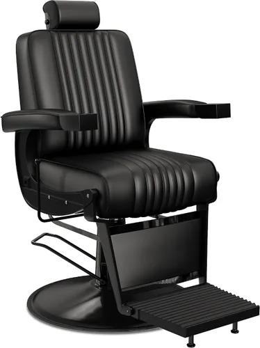 Vista 11 de Silla reclinable de barbero Baasha negra con ribete dorado en los reposabrazos, cómodo cojín de espuma viscoelástica, reposacabezas ajustable, base