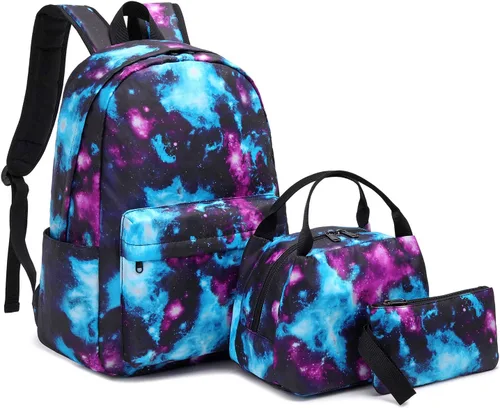 Vista 7 de Juego de mochila de lona impermeable Galaxy para laptop de 14 pulgadas, mochila escolar universitaria con lonchera y estuche para lápices