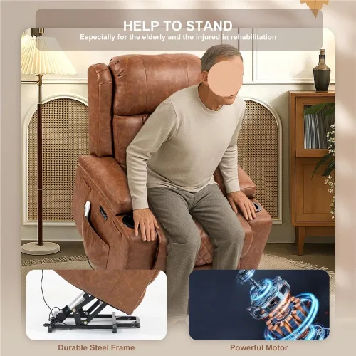 Vista 5 de Power Lift Recliner Chair for Elderly with Vibration Massage and Lumbar Heating Electric PU Leather Single Sofa with Cup Holders for Living Room