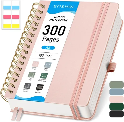 Vista 12 de EMSHOI Cuaderno con espiral de la universidad rayado, 300 páginas numeradas, A4 tapa dura grande de cuero, cuaderno rayado grueso de 100 g/m²