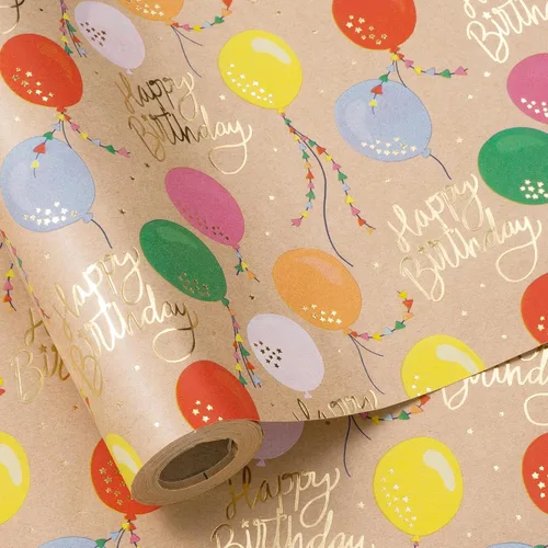 Vista 11 de RUSPEPA Rollo de papel de regalo de estraza - Patrón colorido de globos de cumpleaños - 30 pulgadas x 100 pies