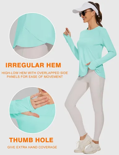 Vista 4 de Blingfit Camisas de entrenamiento para mujer, camisetas atléticas de manga larga UPF 50+, camisetas de protección solar con agujero para el pulgar
