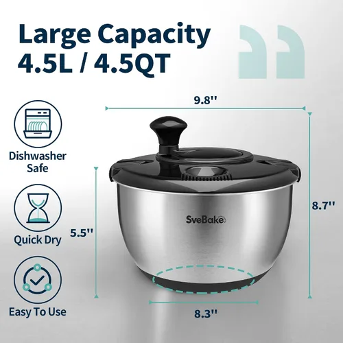 Vista 2 de Escurridor de ensalada de acero inoxidable, lavadora de verduras de 4.8 Qt, secador de lechuga sin BPA con diseño de manivela, apto para negro