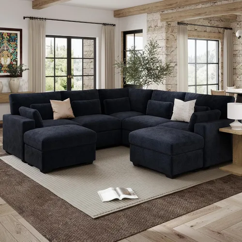 Vista 15 de Sofá modular de 146.5 pulgadas, sofás extra profundos en forma de U para sala de estar, sofá de felpilla de 4 asientos con patas de madera, otomana