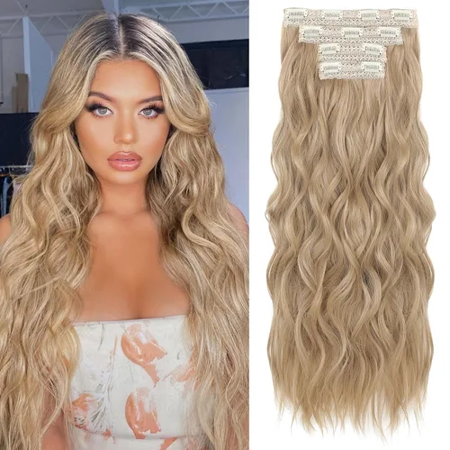 Vista 28 de REECHO Extensiones de cabello con pinza, 4 piezas de extensiones de cabello rubio de 24" de largo, ondas de playa gruesas, HE003, trama de encaje