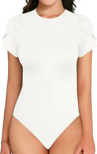 Vista 2 de MANGOPOP Body de manga corta para mujer, cuello redondo, blusas para salir