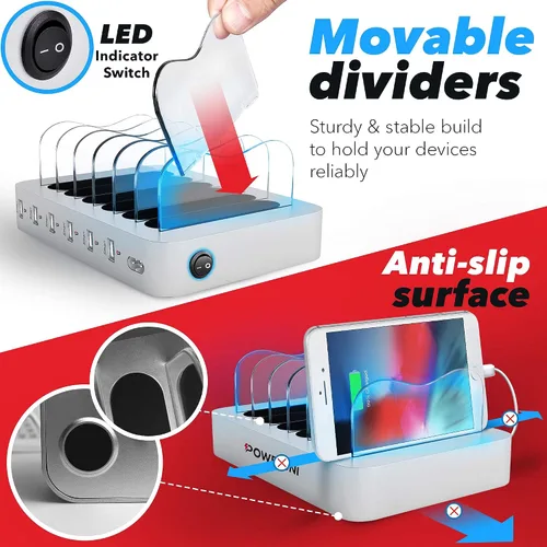 Vista 3 de Base de carga USB, estación de carga universal de 6 puertos para múltiples dispositivos, estación de carga para múltiples dispositivos, compatible