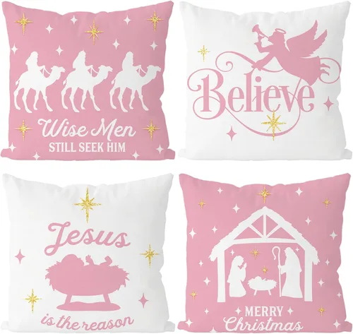 Vista 7 de Fundas de Almohada de Navidad de 12x20 Pulgadas, Juego de 4, Fundas de Almohada Religiosas de Natividad, Fundas de Almohada Decorativas Rojas