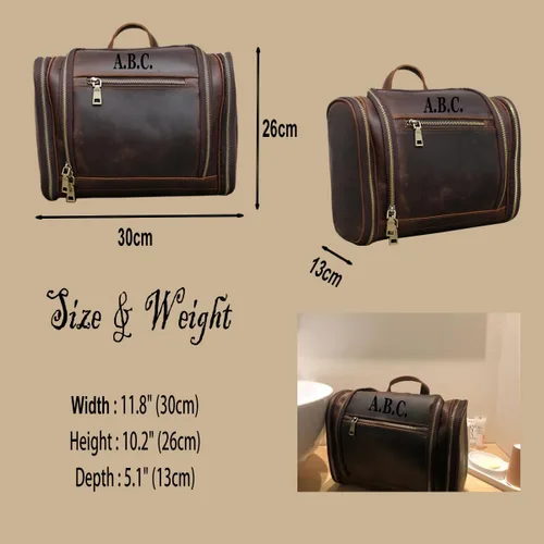 Vista 4 de Neceser colgante, bolsa personalizada de cuero genuino para hombre y mujer, organizador de viaje para artículos de tocador, regalo para el mejor