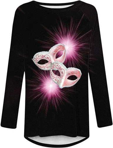 Vista 4 de Camiseta de Mardi Gras para mujer, traje de carnaval, máscara gráfica, talla grande, túnica para leggings, blusa de desfile de manga larga, regalos
