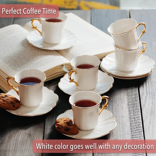 Vista 9 de Brew To A Tea Juego de 6 tazas de café turco de porcelana con platillos, color blanco con diseño de ribete dorado y caja de regalo, aptas