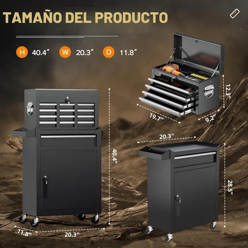 Vista 3 de Oakcloud Combo de Caja y Gabinete de Herramientas Rodantes de Servicio Pesado de 5 Cajones con Forro Negro - Caja de Herramientas de Garaje de Acero