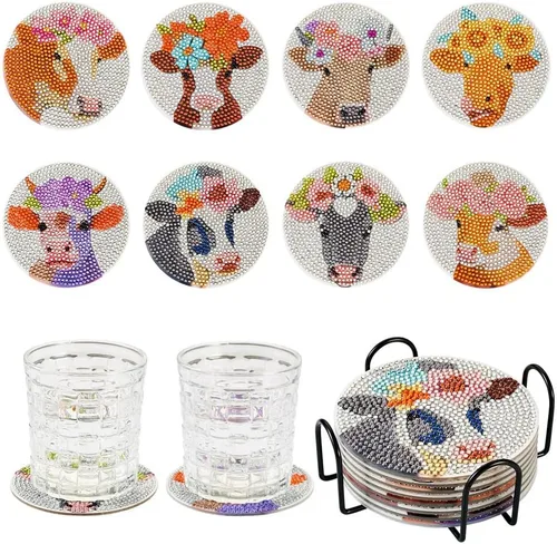 Vista 14 de FASHEWELRY 8 posavasos de arte de diamante con soporte para abejas, kit de posavasos de pintura de diamantes para bebidas, kits de arte de diamantes