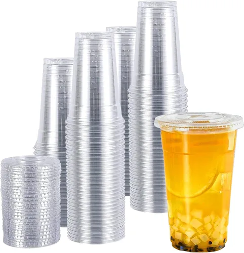 Vista 8 de TashiBox vasos de plástico con tapas [12 onzas 100 vasos y 100 tapas planas], vasos desechables de plástico transparente, vasos para batidos