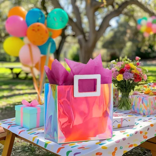 Vista 8 de VUOJUR 1 bolsa de regalo reutilizable S de 8.3 pulgadas y 1 M de 11 pulgadas con papel de seda, coral y orquídea