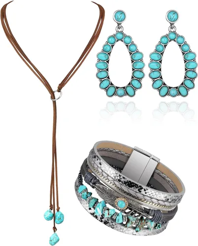 Vista 19 de 3 piezas de joyería boho occidental para mujer, conjunto de joyas de turquesa, aretes vintage, pulsera, collar bohemio occidental para mujer Negro
