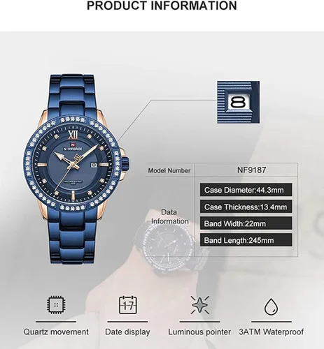 Vista 4 de NAVIFORCE diamante acero inoxidable analógico cuarzo relojes para hombres impermeable reloj calendario clásico reloj luminoso