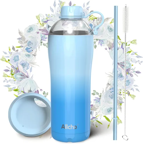 Vista 18 de Bow - Botella de agua aislada para mujeres, botellas de agua de acero inoxidable de 18 oz, de doble pared, 2 tapas (para beber y vaso) - Hidrata