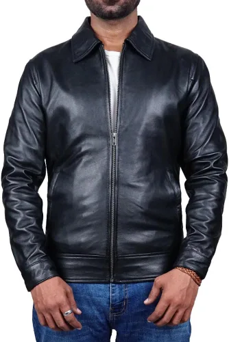 Vista 2 de Chaqueta de cuero premium con cuello de polo para hombre, estilo clásico de la vieja escuela, uso diario, piel de cordero para hombre
