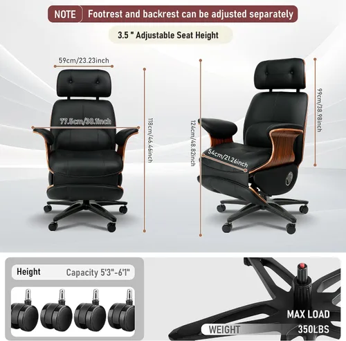 Vista 2 de Silla de oficina ergonómica de cuero, reclinable/reposapiés Negro
