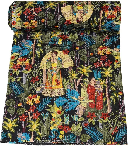 Vista 11 de Marubhumi Colcha de algodón puro Kantha con diseño tradicional indio de Farida (beige, individual (60 x 90 pulgadas)