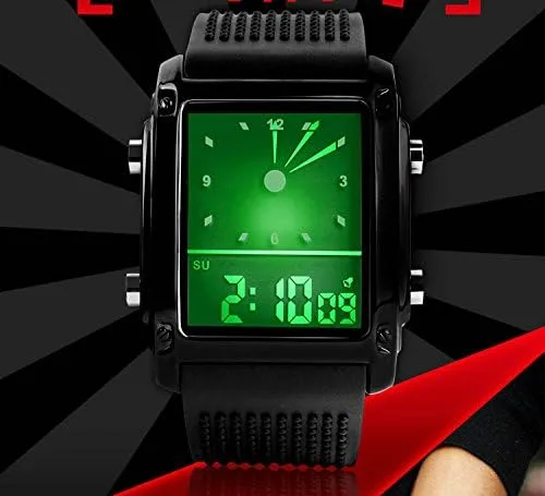 Vista 2 de FANMIS Reloj de pulsera digital analógico con esfera rectangular impermeable para hombre, con cinco retroiluminación LED, color negro, Negro