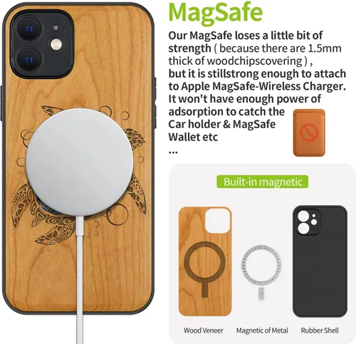 Vista 5 de Carveit Funda protectora de madera de diseñador para iPhone 12 (grabado en madera e incrustaciones de carcasa), funda de madera compatible con Cereza