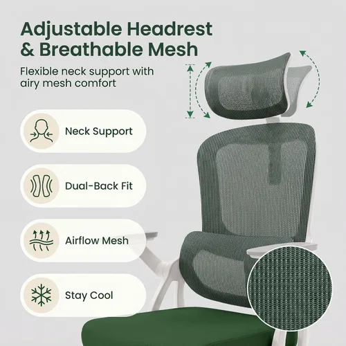 Vista 5 de Ergonomic Mesh Office Chair, 350LB Heavy Duty High Back Desk Chair, Adjustable Headrest, Auto Adaptive Lumbar Support, Memory Foam Cushion, Armrests