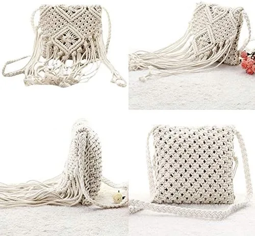 Vista 6 de Goclothod Bolso bandolera con flecos de ganchillo para mujer, bolso cruzado de algodón con borla, bolso de playa hippie
