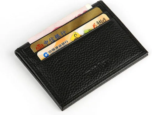 Vista 3 de Cartera de piel súper delgada negra para hombres o mujeres, soportes finos para dinero, carteras para tarjetas de identificación con 8 ranuras