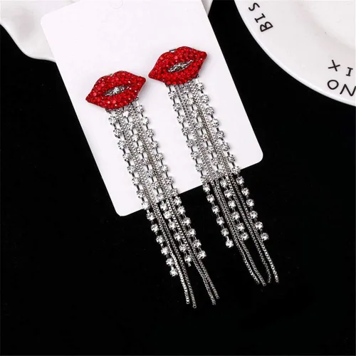 Vista 3 de QTMY Pendientes brillantes de diamantes rojos con borlas de diamantes de imitación para mujer