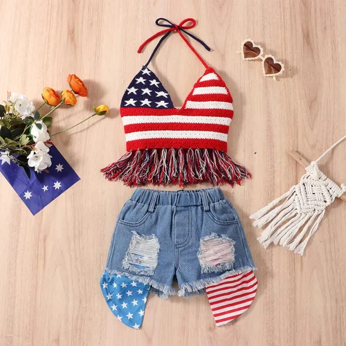 Vista 3 de 1-6Y Día de la Independencia Niños Niña 4 de Julio Bandera Americana Sin Espalda Top Halter Top+Pantalones Cortos Vaqueros Rasgados 4 de Julio