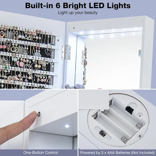 Vista 6 de CHARMAID Armario de joyería giratorio de 360 con espejo de longitud completa de 64.5 pulgadas de alto, 6 LED organizador de joyas con cerradura