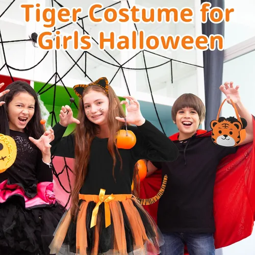Vista 6 de Xtinmee El disfraz de tigre para niños incluye camiseta de manga larga, falda de tul, cesta de tigre, diadema de orejas de tigre, cola y calcomanía