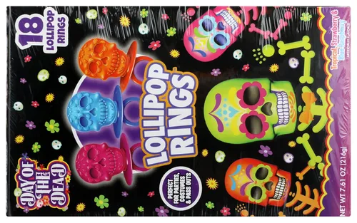 Vista 3 de Halloween Día de los Muertos Azúcar Cráneo Lollipop Anillos, Caja de 18