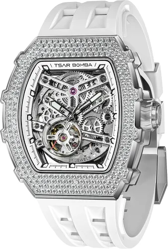 Vista 14 de Tsar Bomba Men's Automatic Watch Tonneau Luxury Skeleton Watch for Men Mechanical 50M Waterproof Wristwatch Gift for Men 08tc-whi