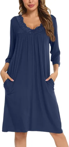 Vista 2 de YYA Nightgowns for Women 34 Sleeve Sleepwear Lace Comfy Sleep Gowns Pleated V Neck Plus Size Nightshirt S-4XL