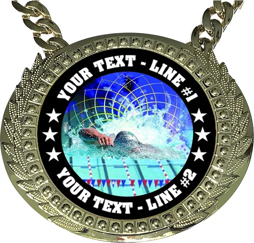 Vista 2 de Trofeo de cadena de campeón de natación personalizado con 2 líneas de texto personalizado en una gran medalla de premio de plástico rígido y cadena