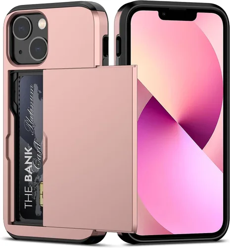 Vista 28 de Nvollnoe Funda para iPhone 13 con tarjetero [almacena 5 tarjetas] Funda tipo cartera de doble capa resistente a prueba de golpes con ranura oculta