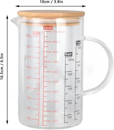 Vista 6 de Taza medidora de vidrio transparente, taza medidora de vidrio con tapa Taza medidora con escalas de medición y boquilla para cocina o restaurante
