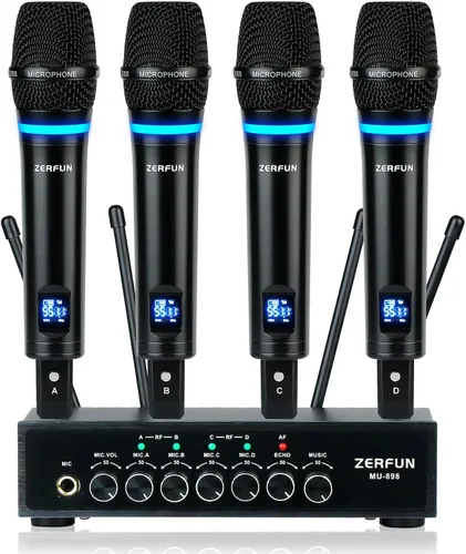 Vista 11 de Sistema de Micrófono Inalámbrico Recargable ZERFUN Pro de 4 Canales, Micrófonos Inalámbricos de Mano UHF de Metal con Control de Volumen, 4x50