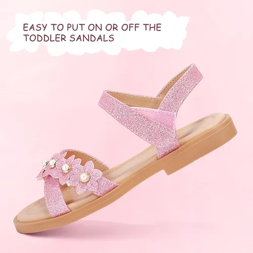 Vista 5 de PANDANINJIA Elva - Sandalias para niñas con puntera abierta, bonitas, planas, sandalias de vestir con tiras cruzadas, zapatos de verano para niños
