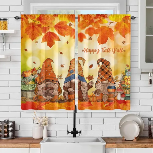 Vista 46 de Cortinas de ventana de cosecha de otoño, marco de madera rústica, cortinas florales de pacas de heno y calabaza, cenefa de cocina de Acción