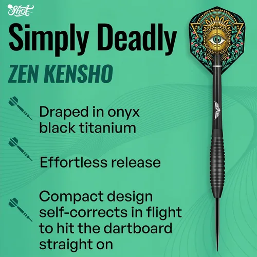 Vista 4 de Shot! Dardos Zen Kensho Juego de puntas de metal – Juego de dardos con punta de acero de tungsteno 90% – Vuelos de dardos profesionales fabricados