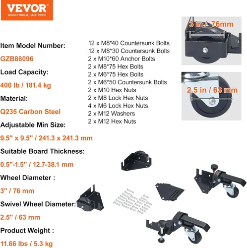 Vista 7 de VEVOR Base móvil, capacidad de peso de 400 libras, ajustable de 9.5 x 9.5 pulgadas a infinito, soporte de base móvil universal resistente con ruedas