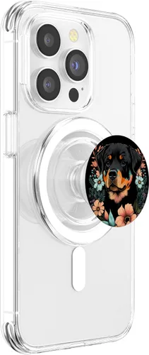 Vista 3 de Rottweiler - Lindo arte floral para cachorros, diseño floral, color negro, PopSockets MagSafe PopGrip para iPhone