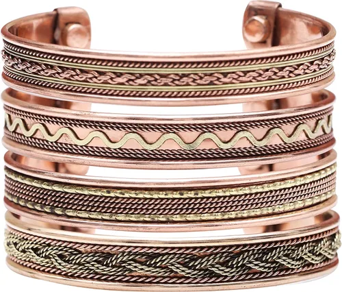 Vista 7 de Crocon Exclusivas pulseras magnéticas ajustables de cobre tibetano para mujeres y hombres, patrón indio, joyería de yoga, meditación espiritual