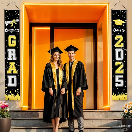 Vista 4 de KatchOn, Pancarta grande de graduación negro y dorado 2025 – 72 x 12 pulgadas Cartel de felicitación de graduación 2025 para decoraciones