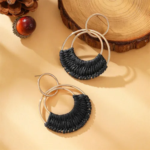 Vista 3 de Aretes colgantes de rafia de verano bohemios para mujer, estilo bohemio, rafia, trenzados, de paja de mimbre, redondos, ligeros, para fiesta